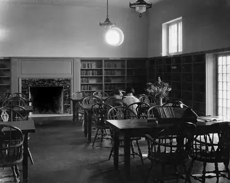 View of the Adult Reading Room and fireplace in the Cypress Branch Library.