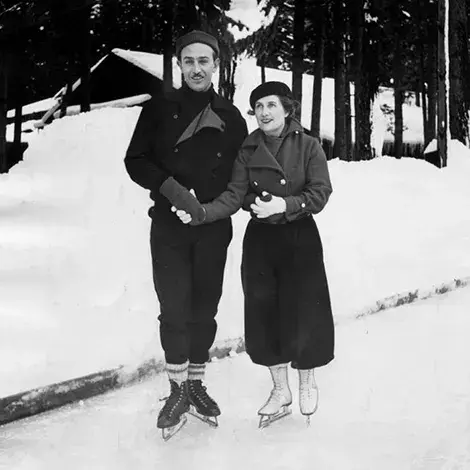 Walt Disney and wife on ice skates