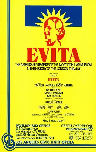 An original window card for the American premiere of Evita in Los Angeles