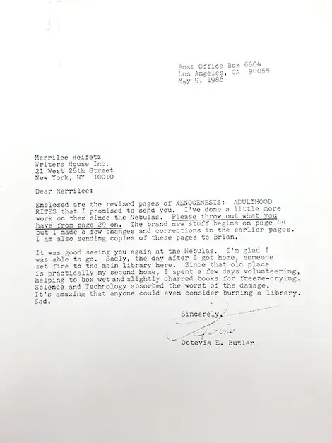 Butler’s letter to her literary agent about the Library Fire.