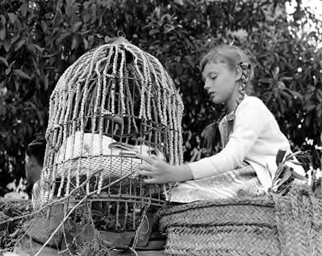 Girl with white rabbit in cage