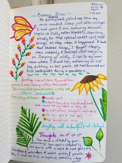 Diary entry that discusses the event of the 3.8 earthquake that hit Culver City during the pandemic. 