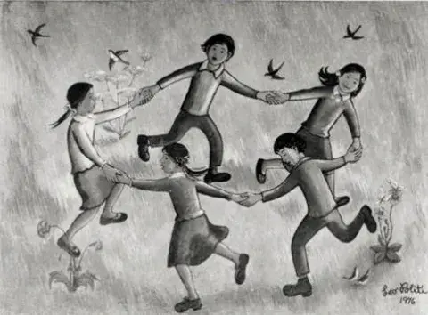 Mural of children playing ring around the rosy by Leo Politi