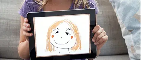 girl holding a drawing tablet of a girl with rosy cheeks