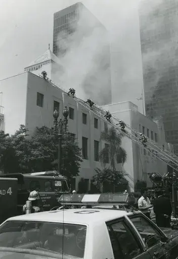 Firefighters working on a fire at the library