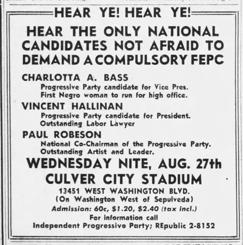  Campaign literature for the Progressive Party highlighting Charlotta Bass