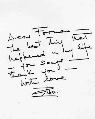 A note written by Elsa Lanchester to Forman Brown telling him that his songs are the best thing that happened in her life.