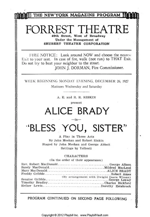 Program for Meehan and Riskin’s play “Bless you, Sister.”