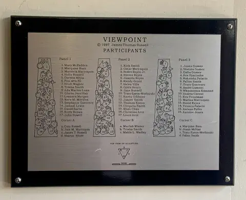 Plaque with names of those community members with handprints impressed upon James T. Russell sculpture