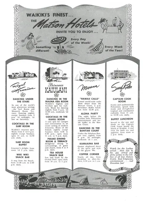 Advertisement for Matson resorts on the Hawaiian Islands