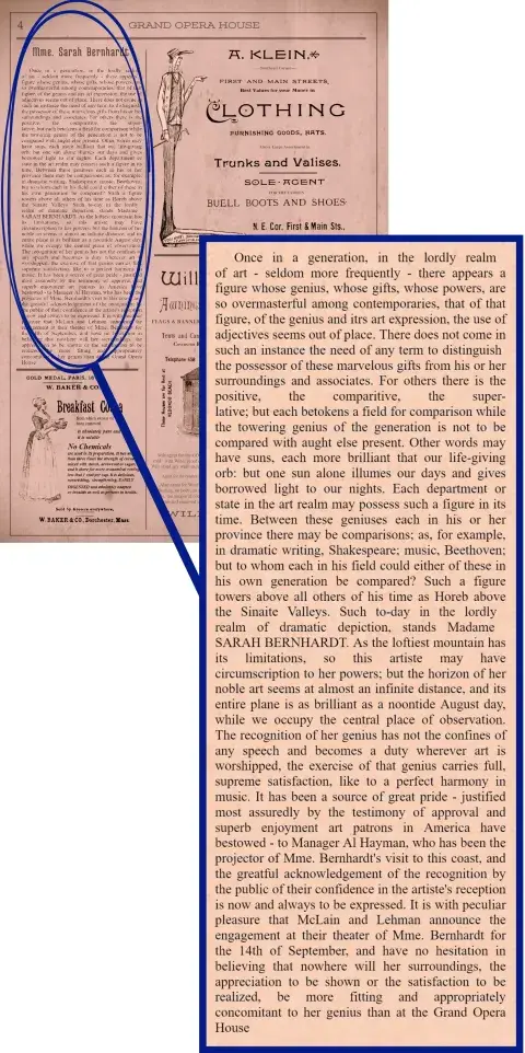 Page from the Grand Opera House program for the weeks leading to Bernhardt’s performance