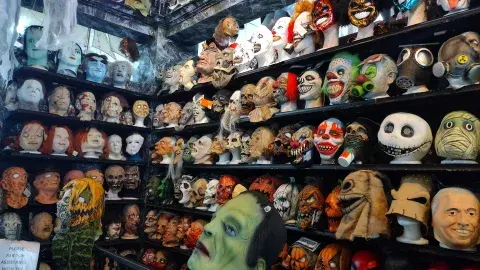 Latex masks at Hollywood Toys & Costumes retail store, 2024