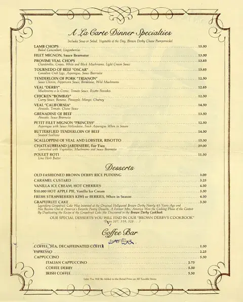 A 1987 menu from the Pasadena location of the Brown Derby