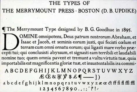 an example printed of the merrymount type press that Goodhue designed.