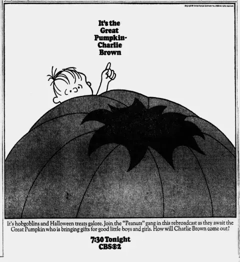 Advertisement for the animated feature film, It’s the Great Pumpkin Charlie Brown 