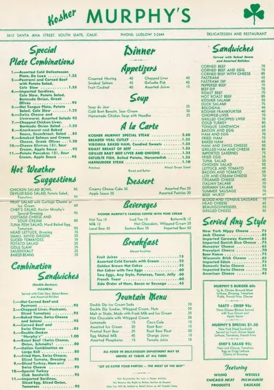 Kosher Murphys menu