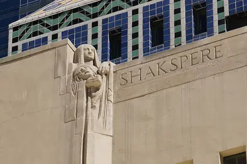 Allegorical representation of Shakespeare on the library tower, 1926