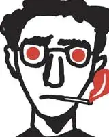 line drawing of a man with glasses and smoking a cigarette in black and red