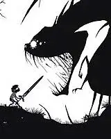 comic illustration of a child fight a monster with a sword