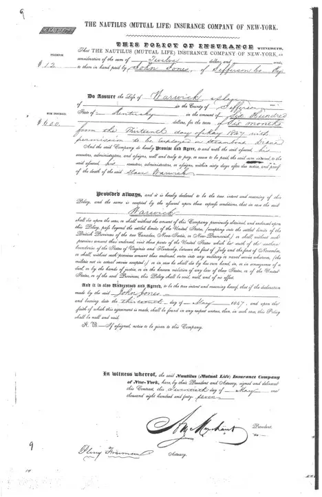 Page one of insurance policy for Warwick, slave of John Jones