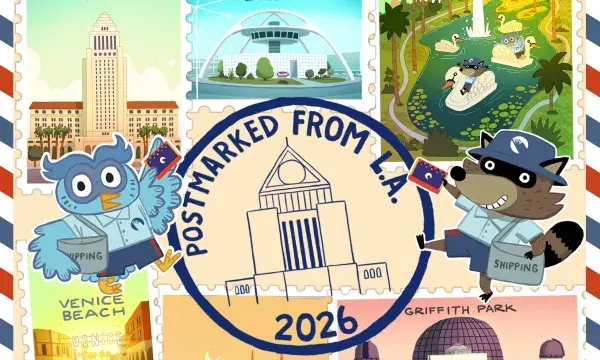 collage of drawn postage stamps with an owl and a racoon