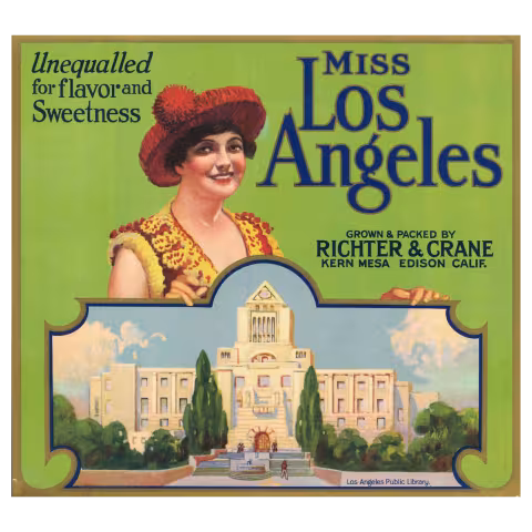 A Fruit Crate Label for "Miss Los Angeles" showing a woman behind an illustration of the Central Library.