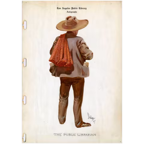 Drawing of a person with a hat and bag with the words "The Public Librarian" at the bottom