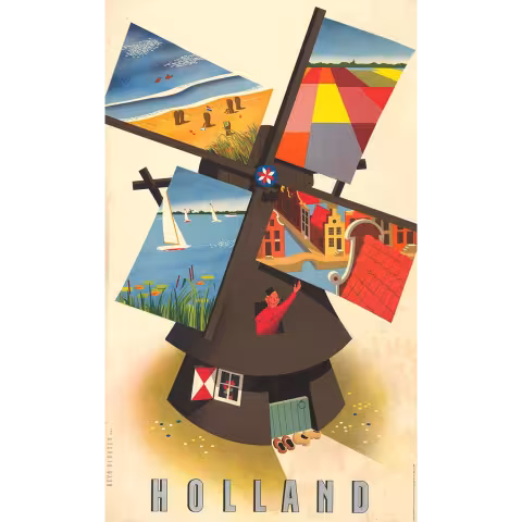 Holland travel poster featuring an illustrated windmill.