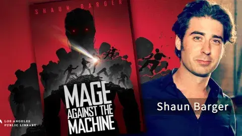 Collage of Shaun Barger and his first novel, Mage Against the Machine