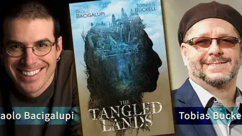 photos of Bacigalupi and Buckell, and their book The Tangled Lands