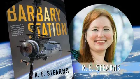 left side of graphic is the book cover of Barbary Station. right side of graphic is a photograph of the author