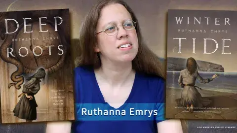 Author Ruthann Emrys with her book covers