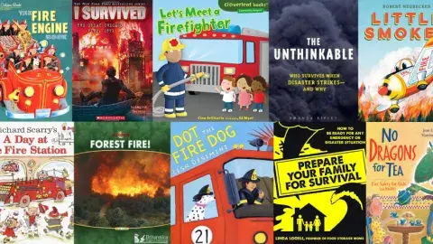 Collage of fire safety books
