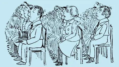 illustration by Basil T. Blackwood shows a seated audience looking attentive