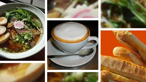 photo collage with ramen soup, cappuccino and baguette bread