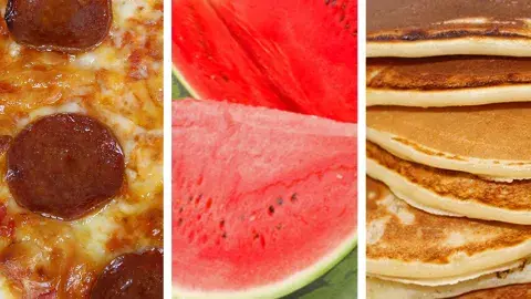 collage with pizza, watermelon and pancakes