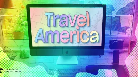 Photo illustration/composite of  US map and computer desk. Computer screen has title Travel America