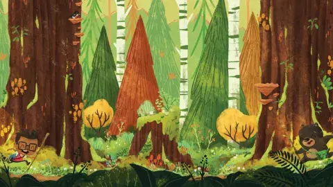 a boy and a bear in a painted wood