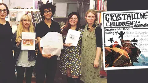 From left Andrea Quaid, Katelynn Perez, Maximus Oppenheimer, Selene Castañeda, and Elizabeth Crawford and zine, Crystalline Children: An Excavation