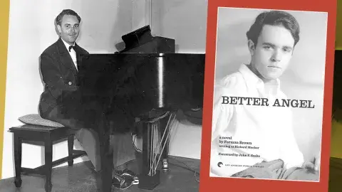 Forman Brown seated at the piano at Turnabout Theatre. Brown's novel, Better Angel