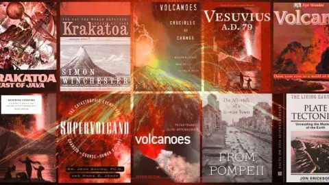 Collage of books about volcanic eruptions of Mount Vesuvius and Karkatoa 