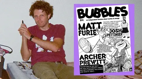 Zine author, Brian Baynes and his zine, Bubbles