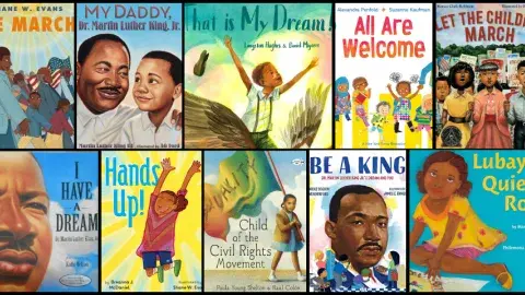 Collage of picture books celebrating the inspiration of Martin Luther King, Jr.