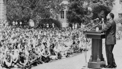 King speaks to a crowd of 4,500 on the campus of the University of California, Los Angeles on April 27, 1965