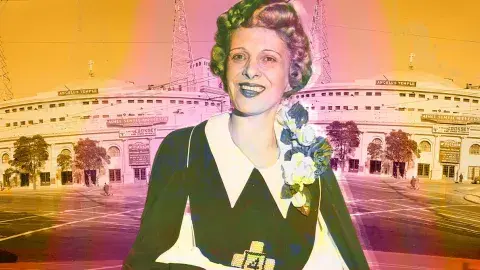 Graphic illustration of Aimee Semple McPherson and Angelus Temple
