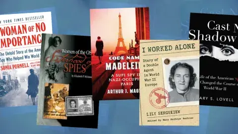 Collage of books about female spies during World War II