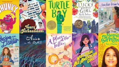 Collage of realistic middle-grade Jewish fiction books