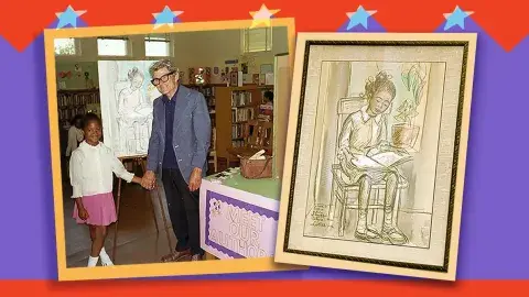 Leo Politi and his muse, Alicia, in front of his drawing of her, 1972