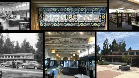 Photos of the North Hollywood library (top left) Circulation desk [1954] Valley Times Collection. (bottom left) Library exterior [1946] 