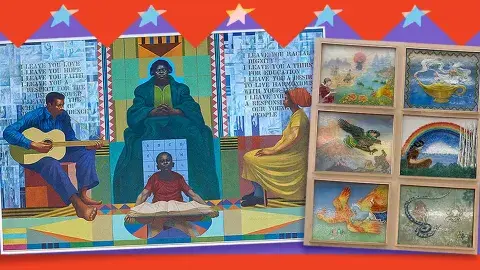 Canvas triptych mural features Dr. Bethune by Charles White. A folktale-themed hand-carved, glazed ceramic tiles by Cha-Rie Tang